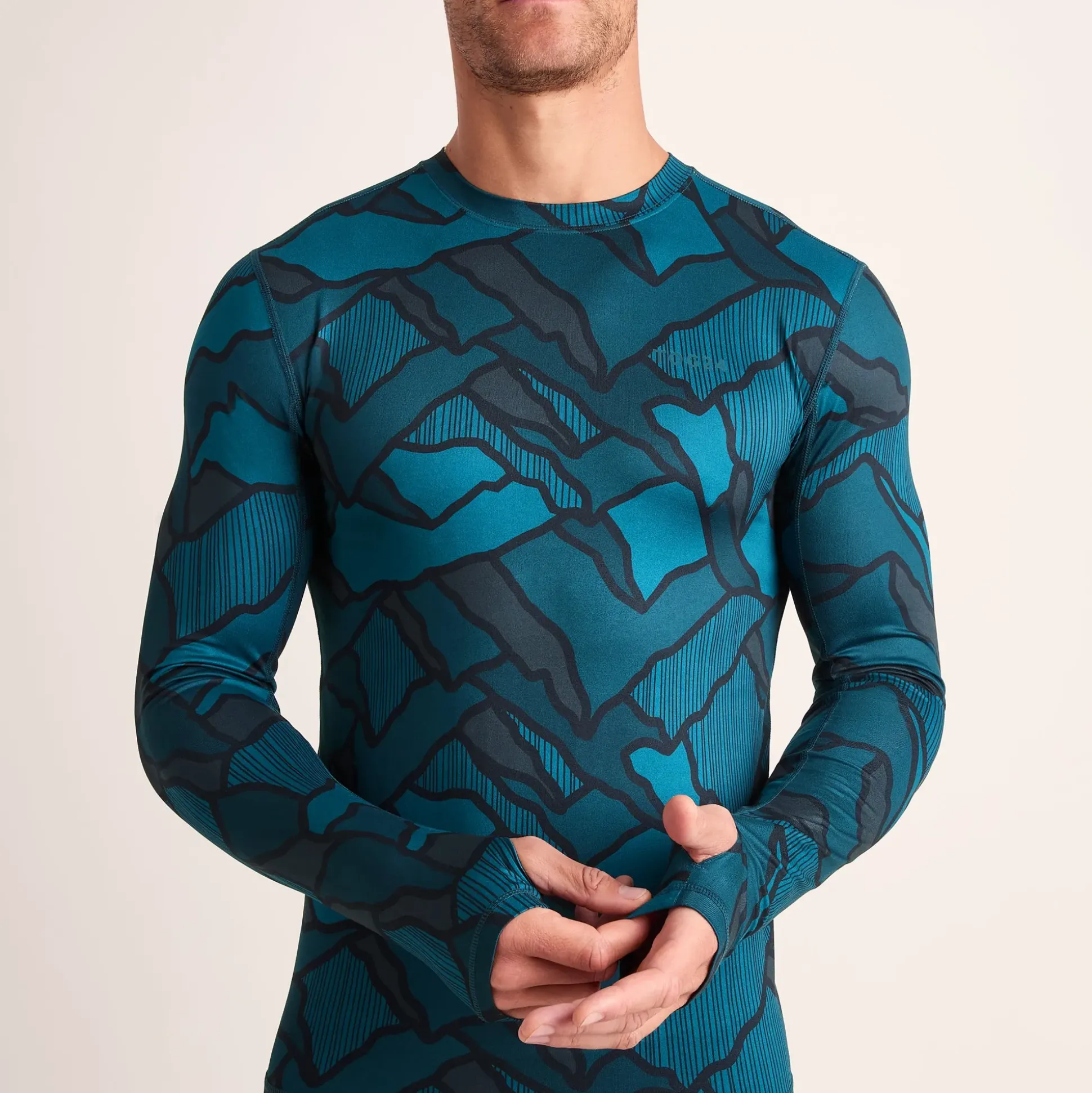 Snowdon Mens Thermal Crew Neck Base Layer - Dark Turquoise Abstract Mountain Print