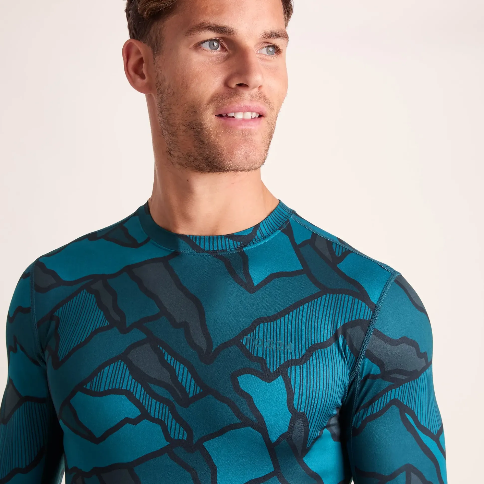Snowdon Mens Thermal Crew Neck Base Layer - Dark Turquoise Abstract Mountain Print