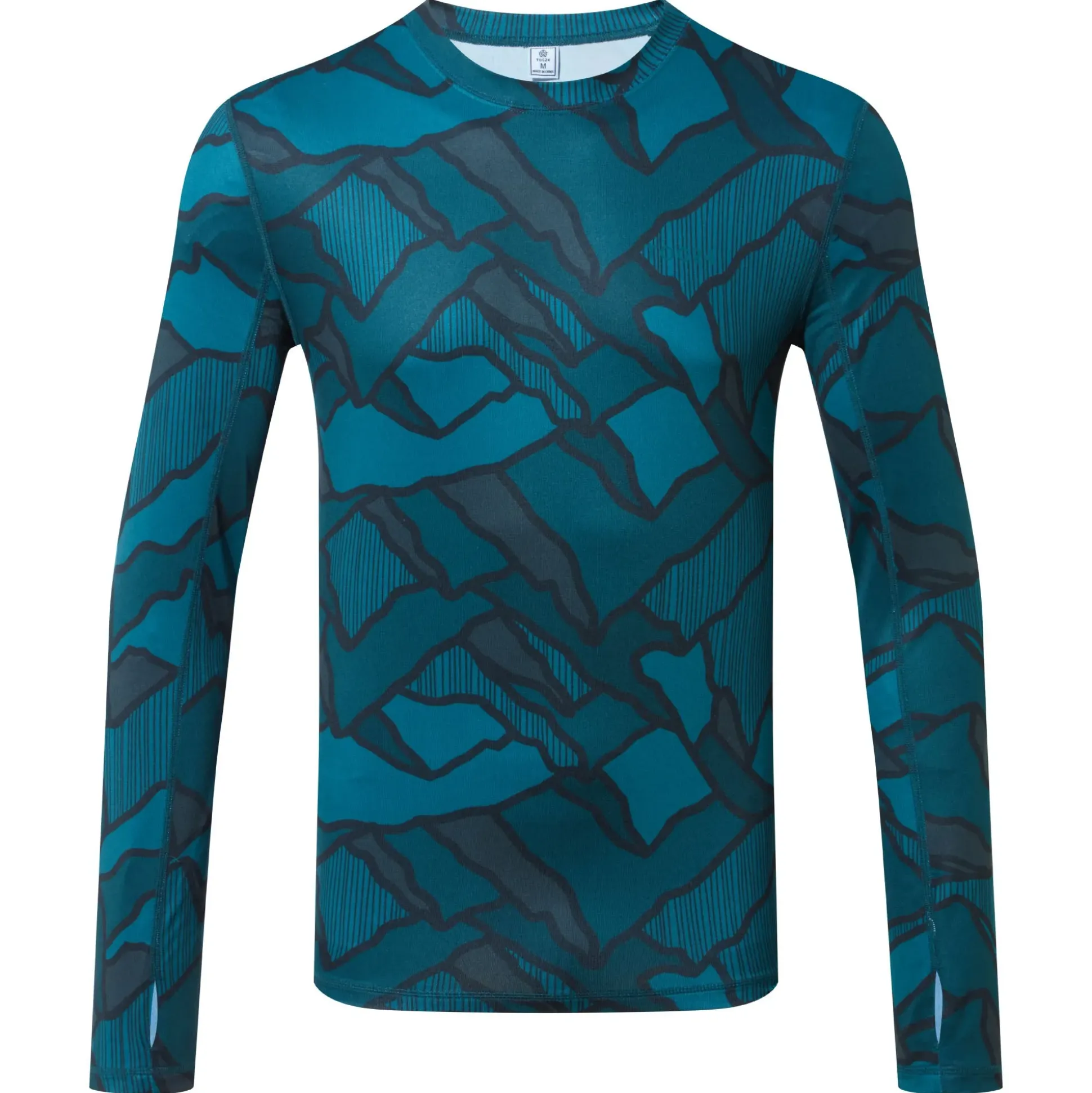 Snowdon Mens Thermal Crew Neck Base Layer - Dark Turquoise Abstract Mountain Print