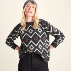 Solana Womens Chunky Fairisle Inspired Knit Jumper - Dark Grey Melange